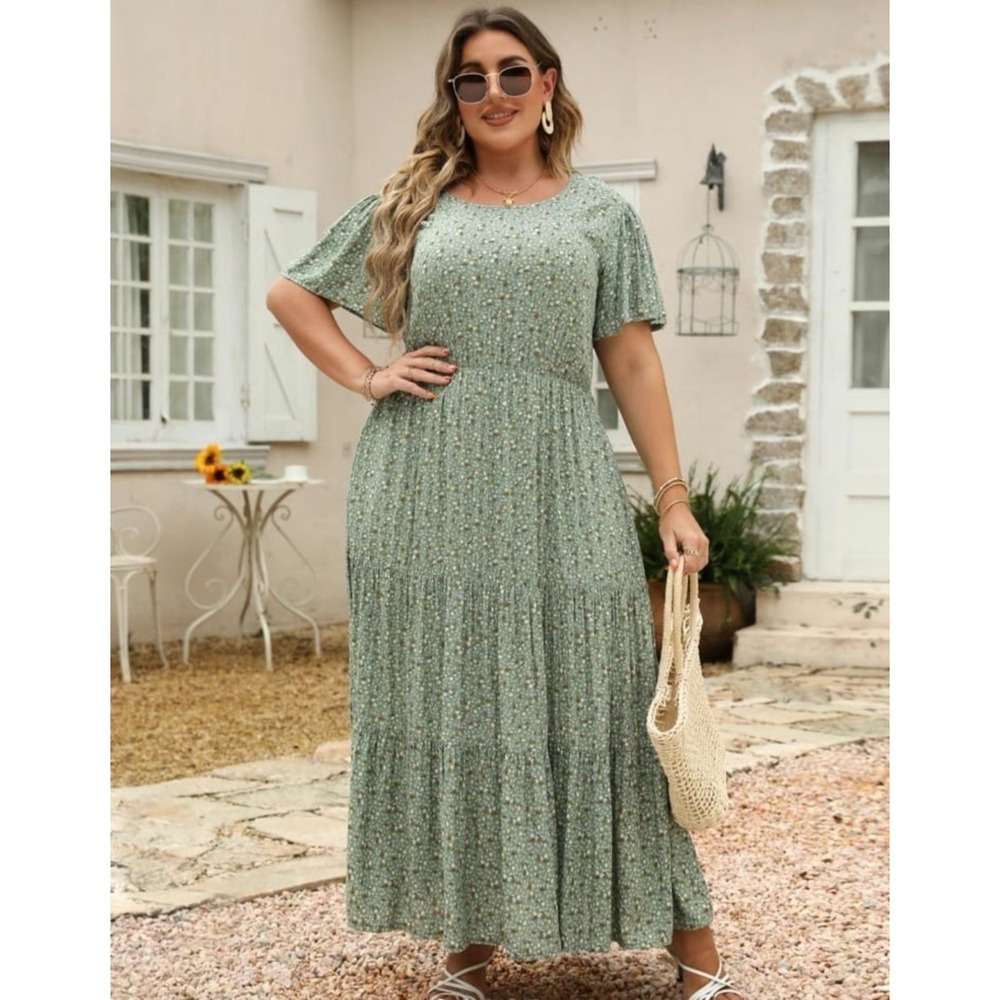 Nemidor Maxi Dress Women 24 Sage Green Floral Tiered Empire Waist Flutter Sleeve